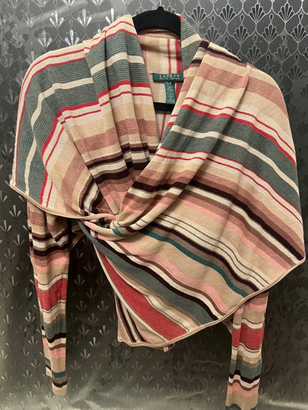 Lauren Ralph Lauren Striped Shawl-Collar Wrap Sweater in Pink, Cream & Teal